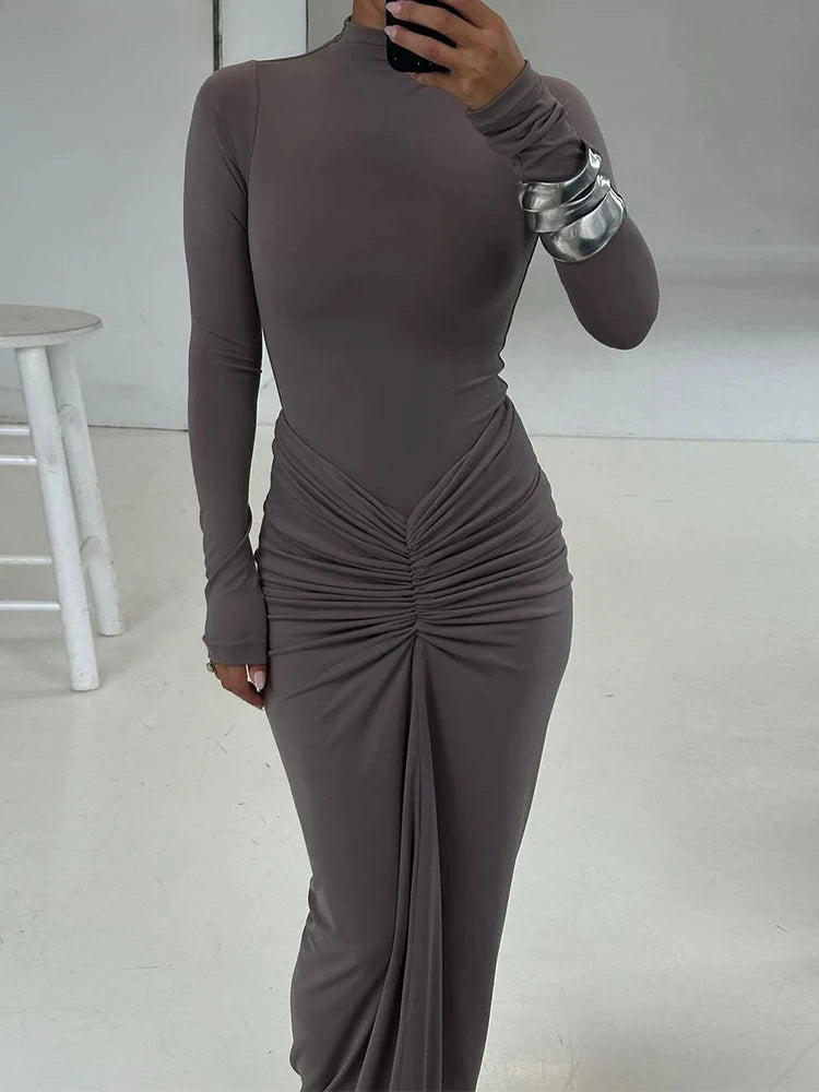 Shirring Women Classic Maxi Dress Long Sleeve High Collar
