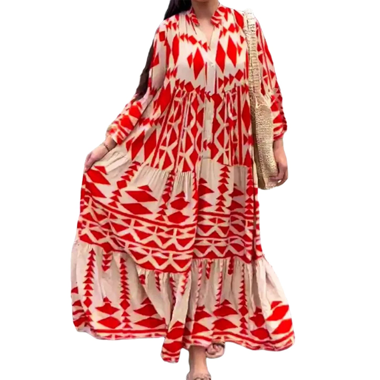 Hirigin Geometric Print Boho Dress With Long Sleeves