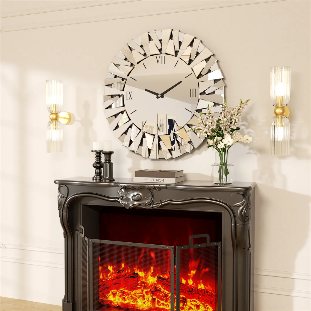 Combination 3D Mirrored Sunburst Wall Clock Roman Numerals