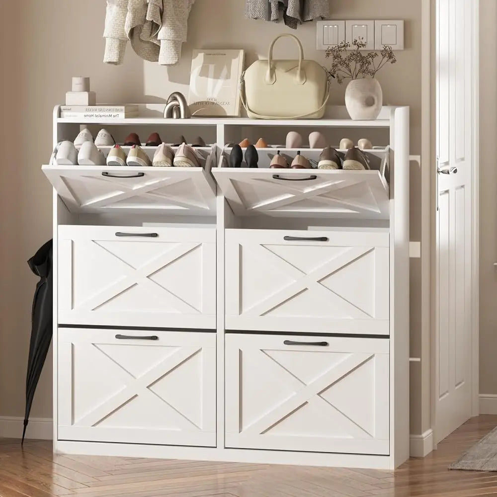 Vabches Shoe Cabinet With Flip Drawers And Metal Handles