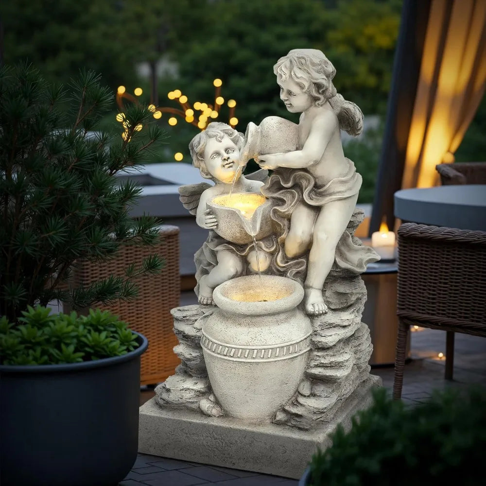 LuxenHome Outdoor Water Fountain Angels LED Garden Light