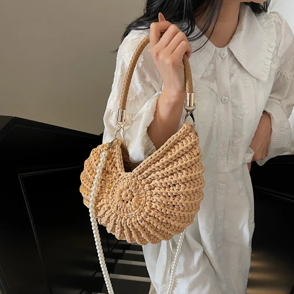 Seashell Handwoven Beach Evening Bag Pearl Strap Boho