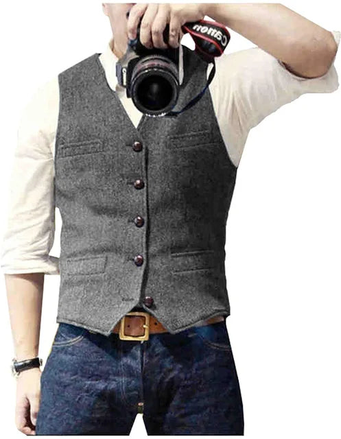 Solovedresscn Mens V Neck Wool Herringbone Vest Slim Fit