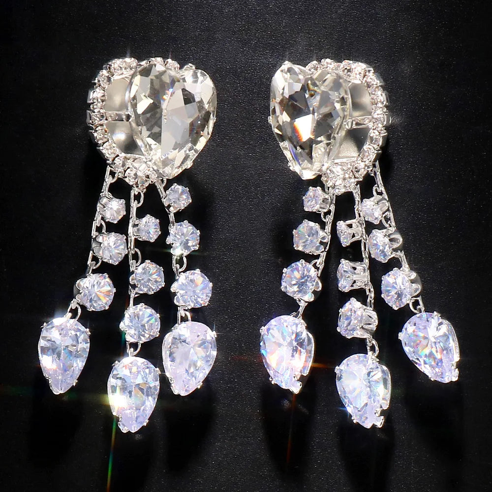 Stonefans Bling Heart Pendant Earrings Water Drop Women Piercing Jewelry Gorgeous Tassel Dubai Rhinestone Dangle Earrings Prom