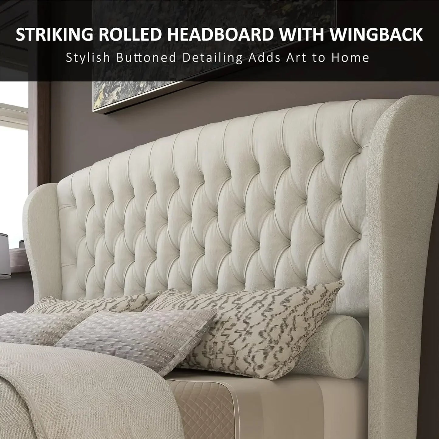 XMSJ Chenille Sleigh Bed With Scroll Wingback Headboard