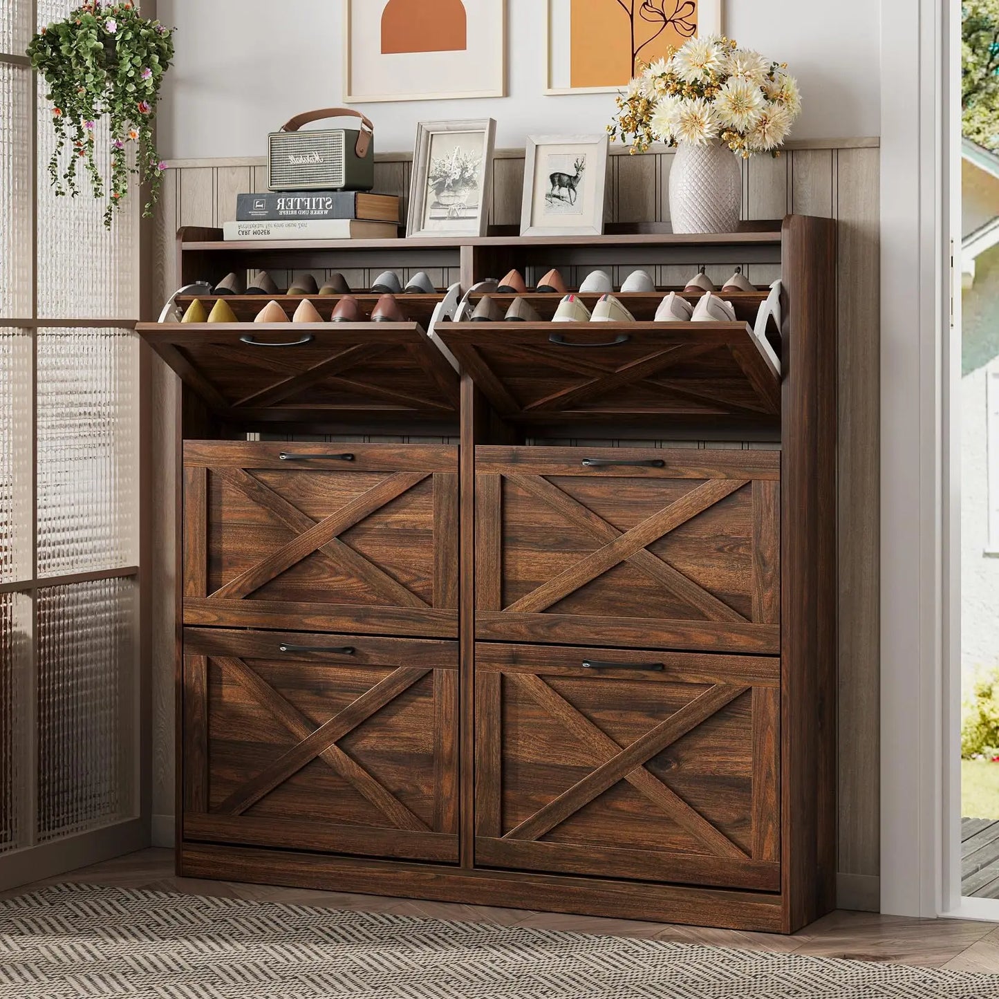 Vabches Shoe Cabinet With Flip Drawers And Metal Handles