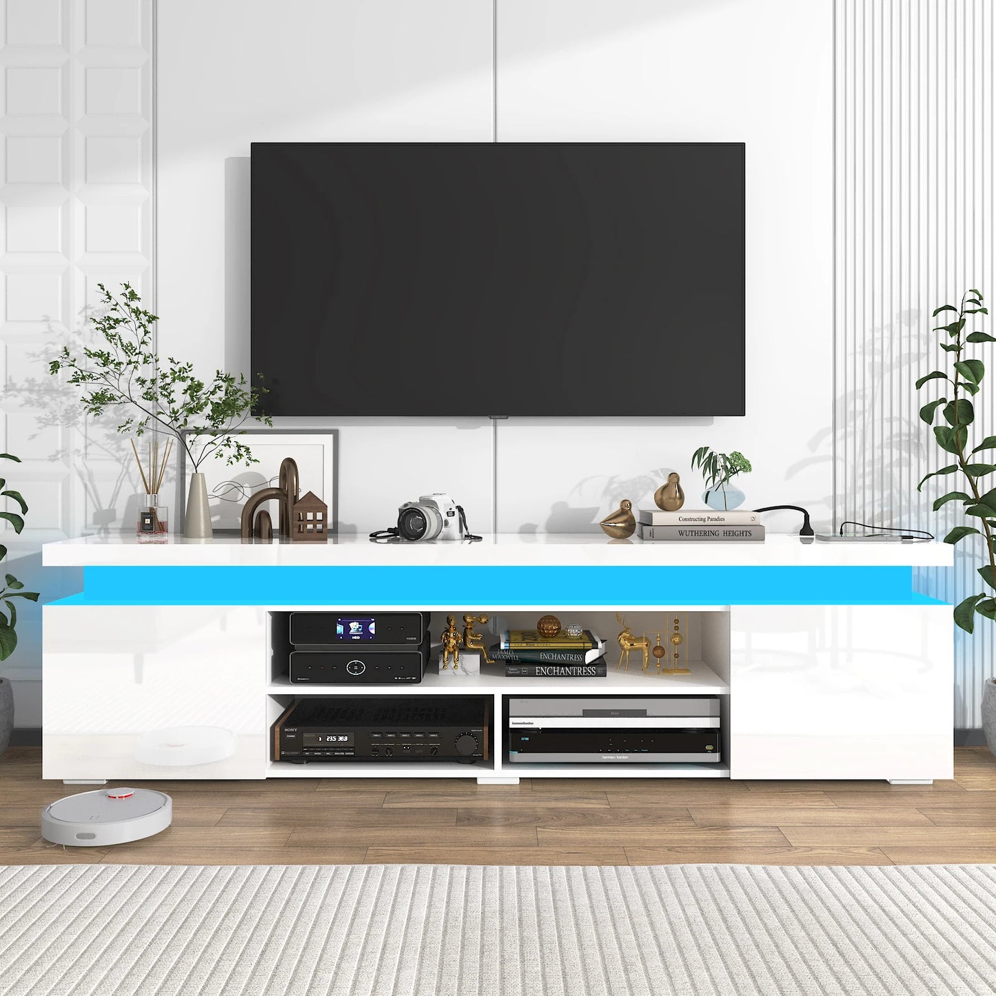 QiaoShiRen Modern LED TV Stand With Power Outlet Storage