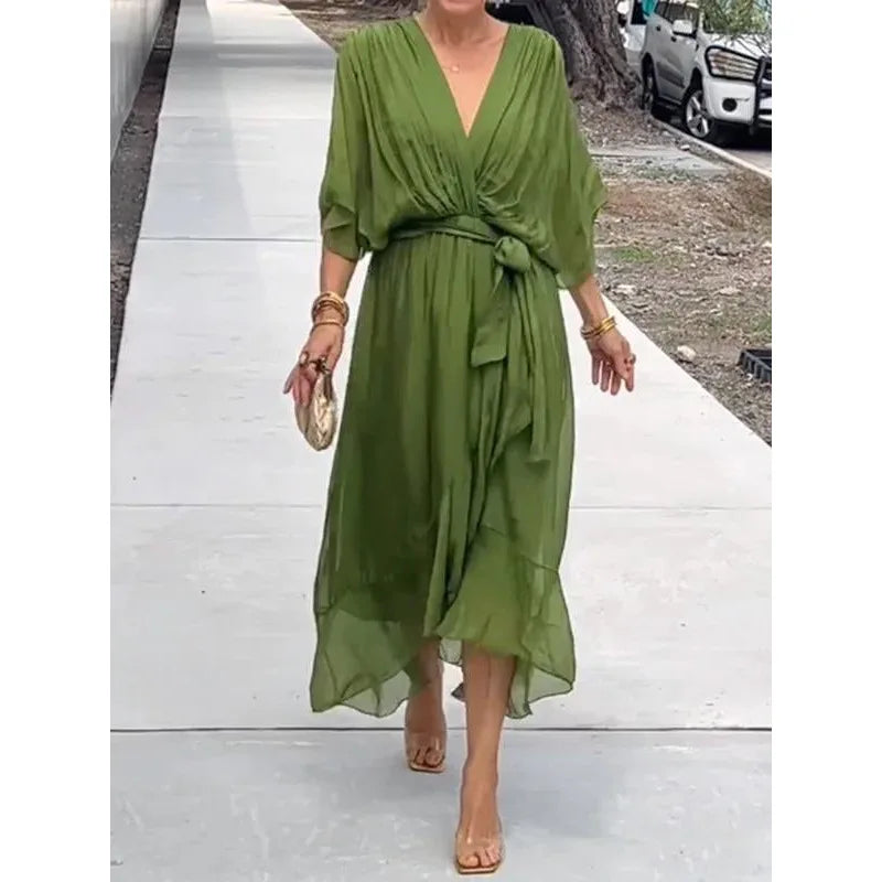 Lace Up Maxi Dress with V Neck Half Sleeve Women Casual