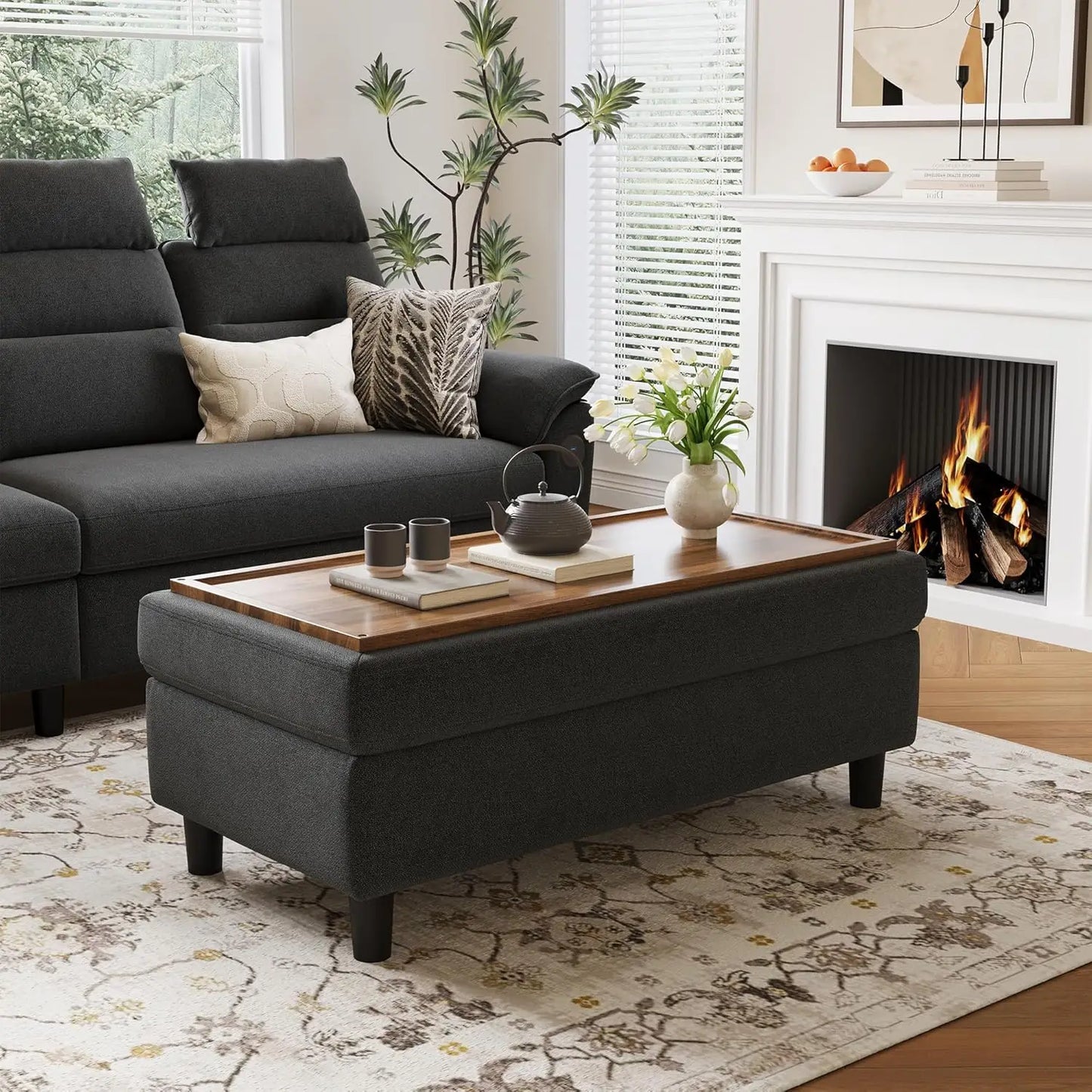Cheervilla Storage Ottoman Bench Linen Coffee Footstool