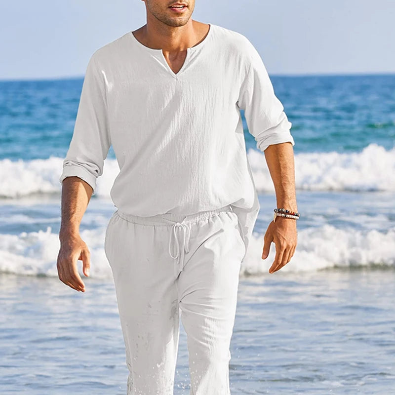 Cheervilla Mens Summer Cotton Linen Henley Shirt Lounge Set