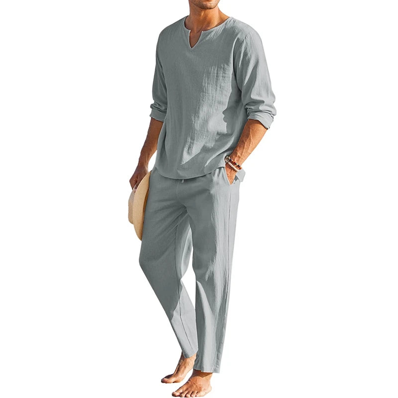 Cheervilla Mens Summer Cotton Linen Henley Shirt Lounge Set