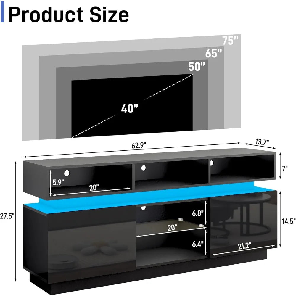 Modern Tall TV Stand With Glass Doors Storage Console