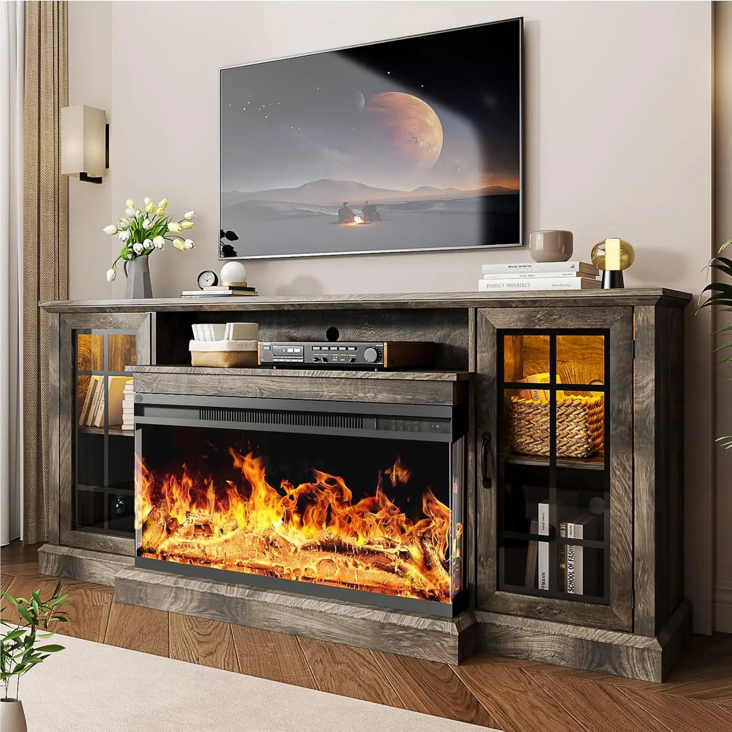 Fireplace TV Stand With Glass Sides And LED Flame Effect