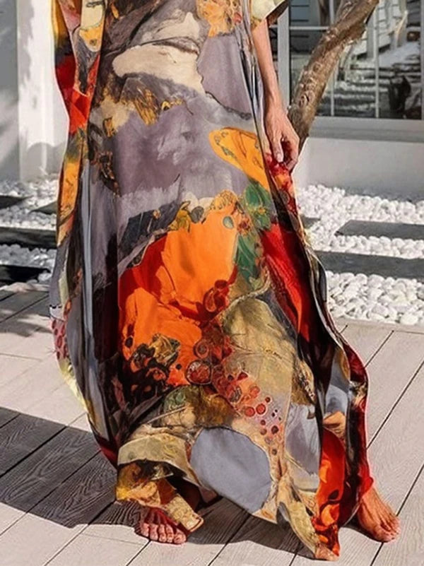 OSHOPLIVECN Bohemian Maxi Dress Asymmetric Batwing Sleeves
