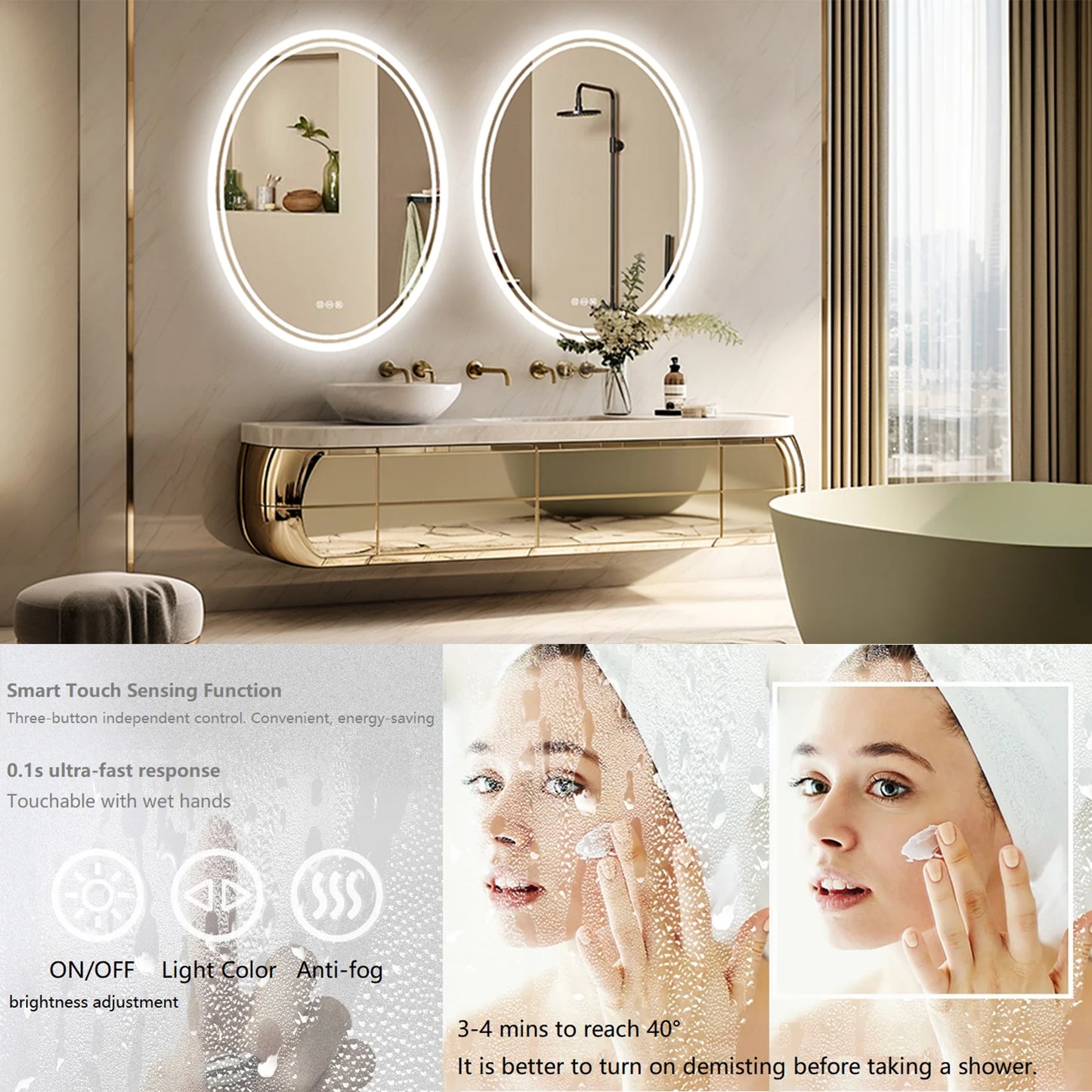 Wisfor LED Backlit Oval Vanity Mirror With Anti Fog Lights