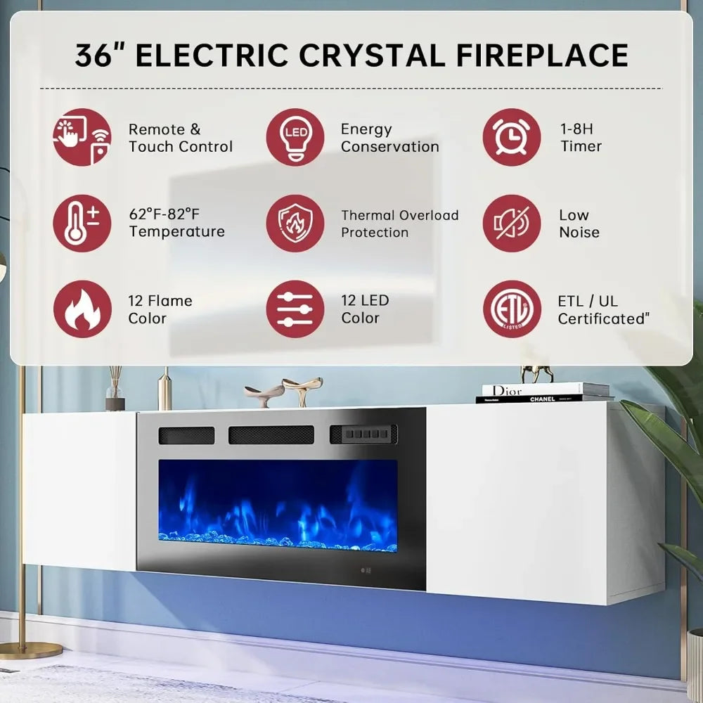 Floating TV Stand With Electric Fireplace Wall Mounted
