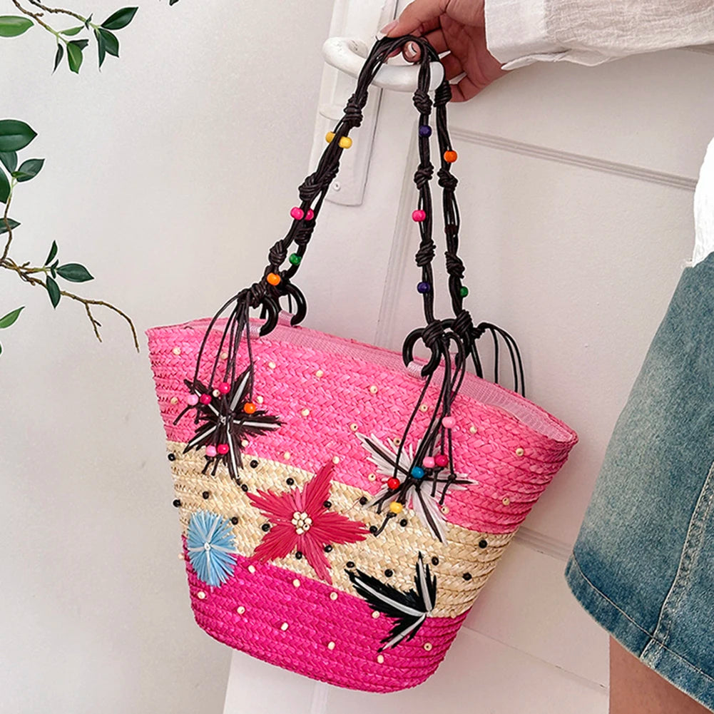 Starfish Beaded Bohemian Straw Tote Bag Women Seaside Party