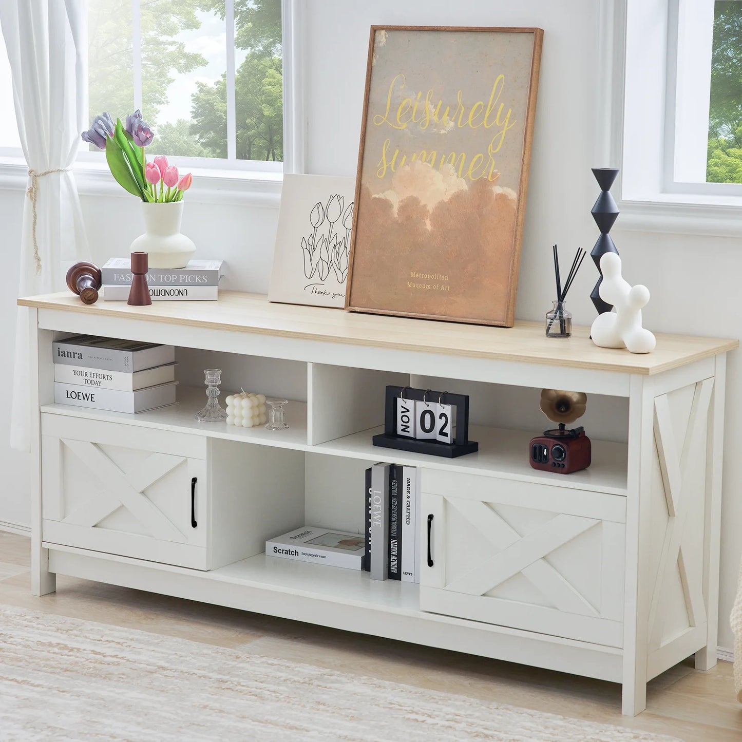 Premium TV Stand With Storage Cabinet And Open Shelves
