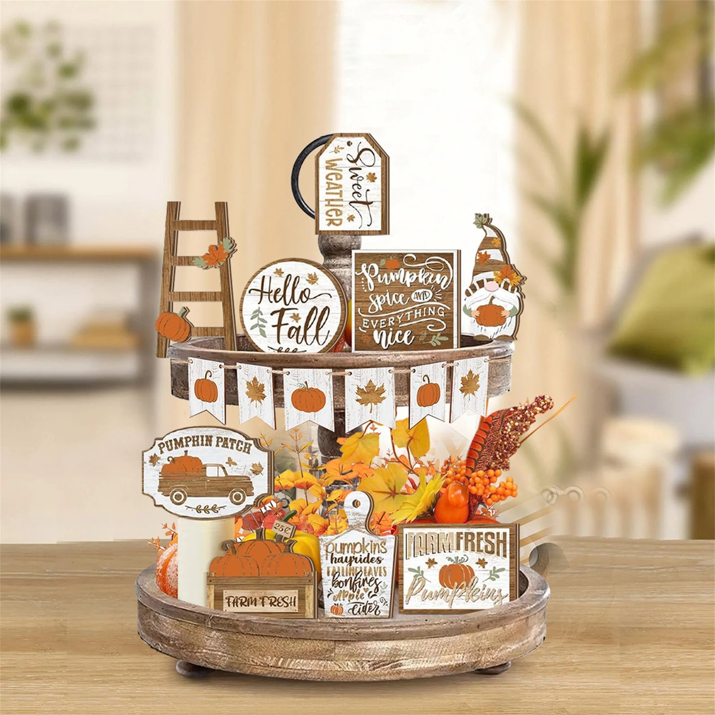Fall Harvest Wooden Pumpkin and Maple Leaf Table Centerpiece Set of 12 Thanksgiving Tiered Tray Decorations for Home and Party