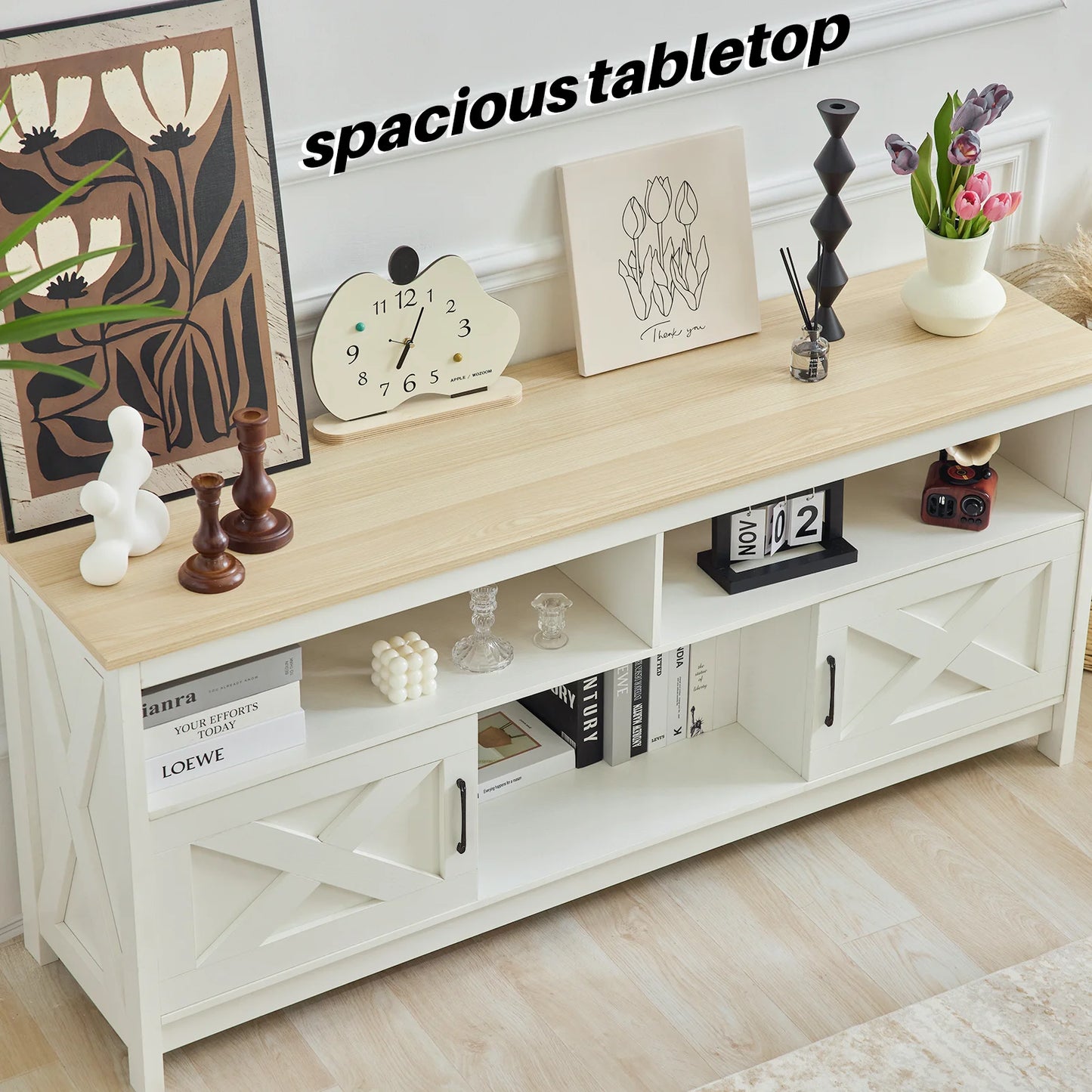 Premium TV Stand With Storage Cabinet And Open Shelves