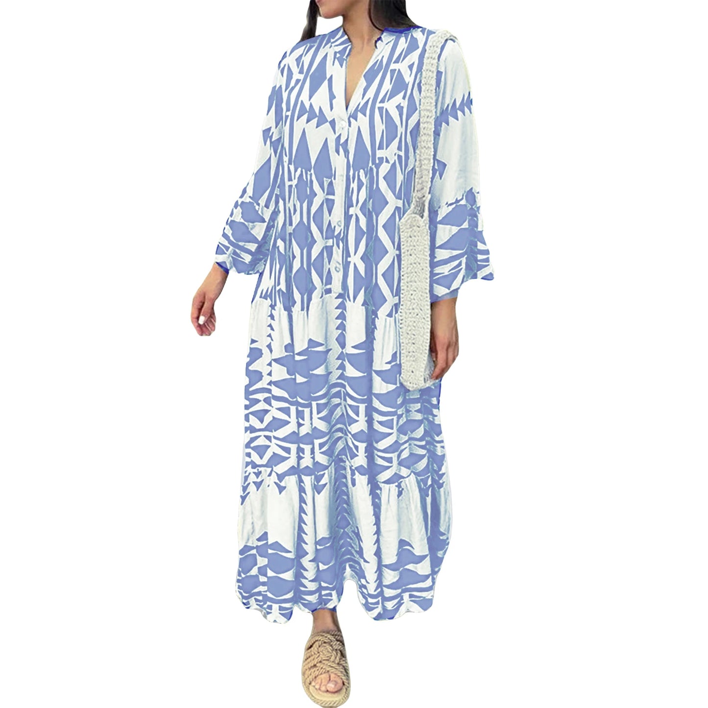 Hirigin Geometric Print Boho Dress With Long Sleeves