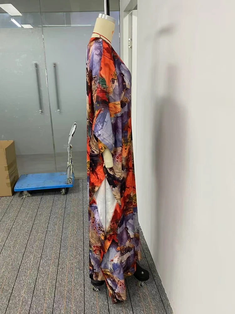 OSHOPLIVECN Bohemian Maxi Dress Asymmetric Batwing Sleeves