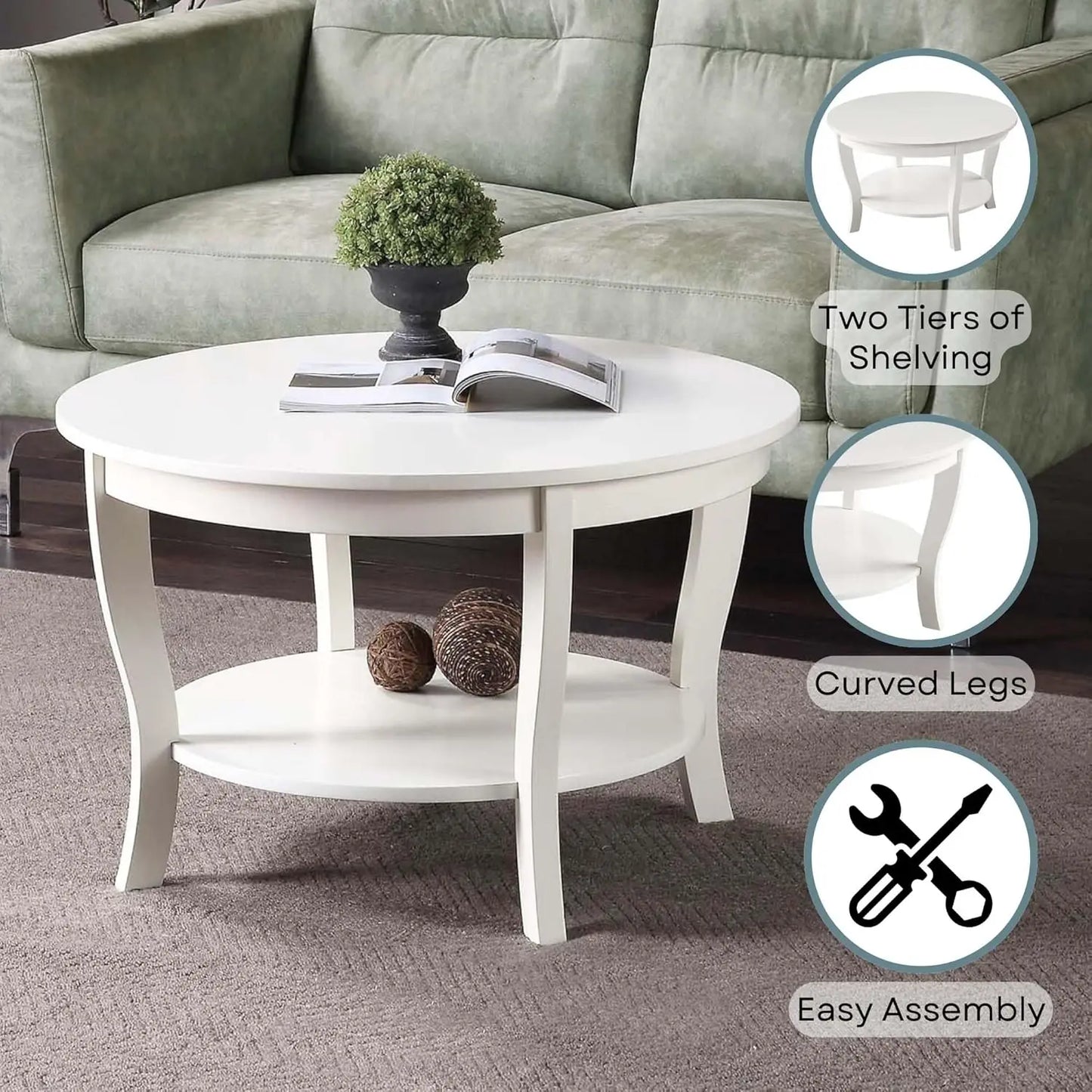 XMSJ Round Coffee Table with Storage Shelf for Living Room
