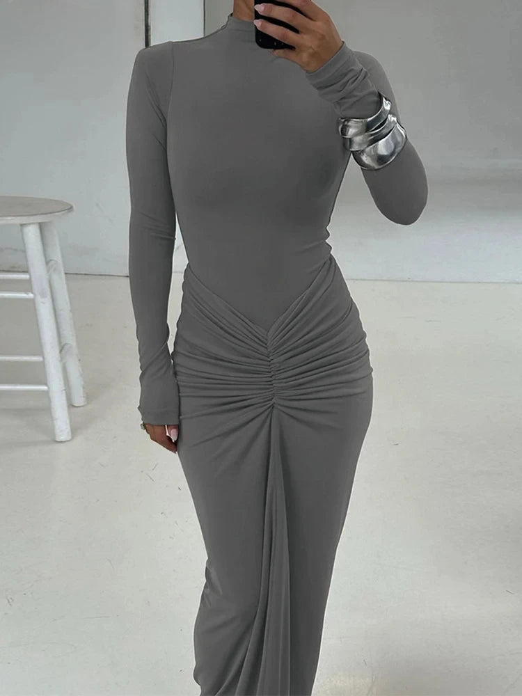 Shirring Women Classic Maxi Dress Long Sleeve High Collar