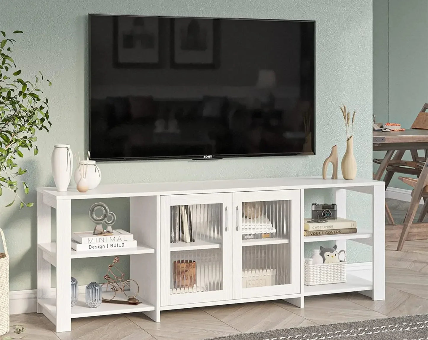 TV Stand Cabinet With 2 Doors And Open Cubby Storage