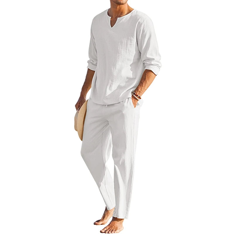 Cheervilla Mens Summer Cotton Linen Henley Shirt Lounge Set