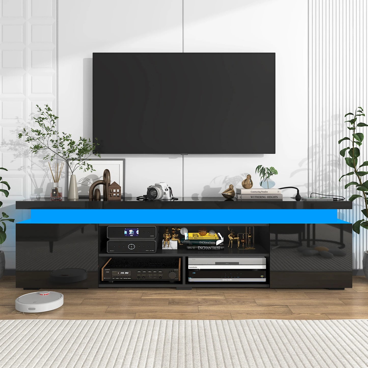 QiaoShiRen Modern LED TV Stand With Power Outlet Storage