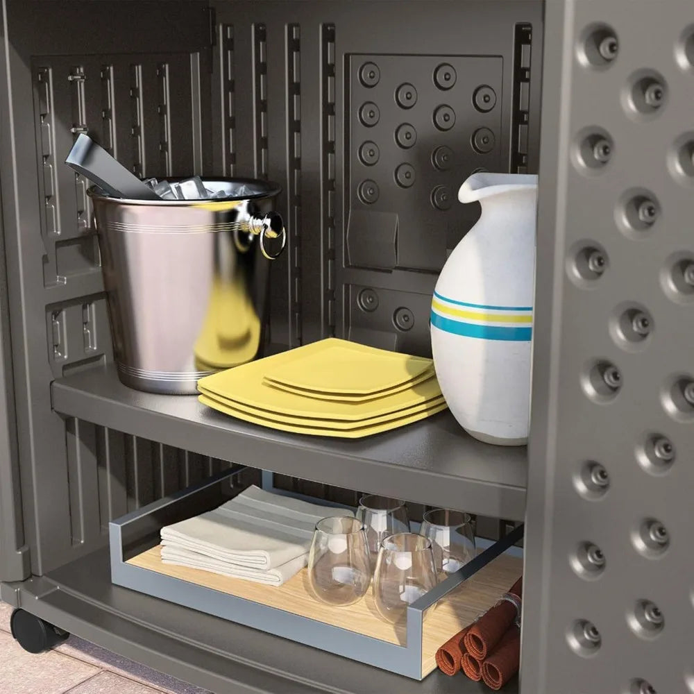 High-concerned Patio Storage And Prep Station With Decorative Wicker PanelSystems