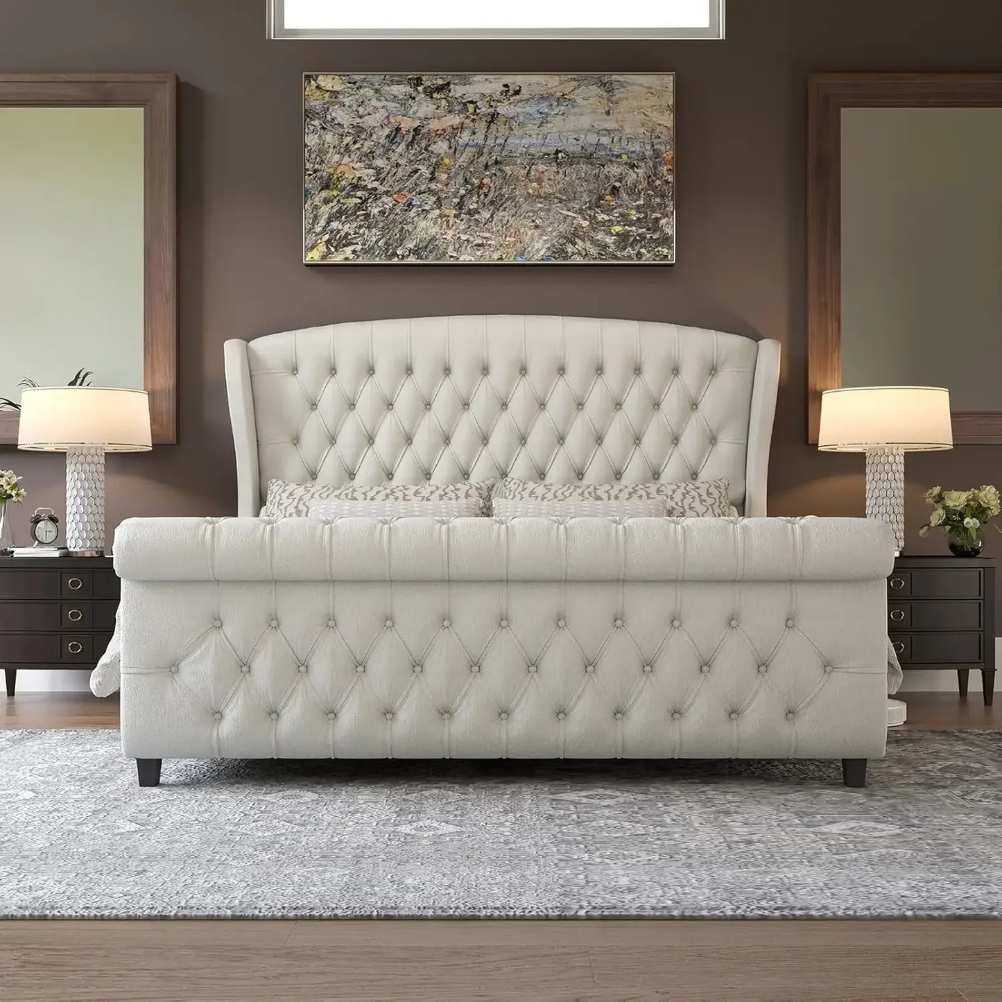 XMSJ Chenille Sleigh Bed With Scroll Wingback Headboard