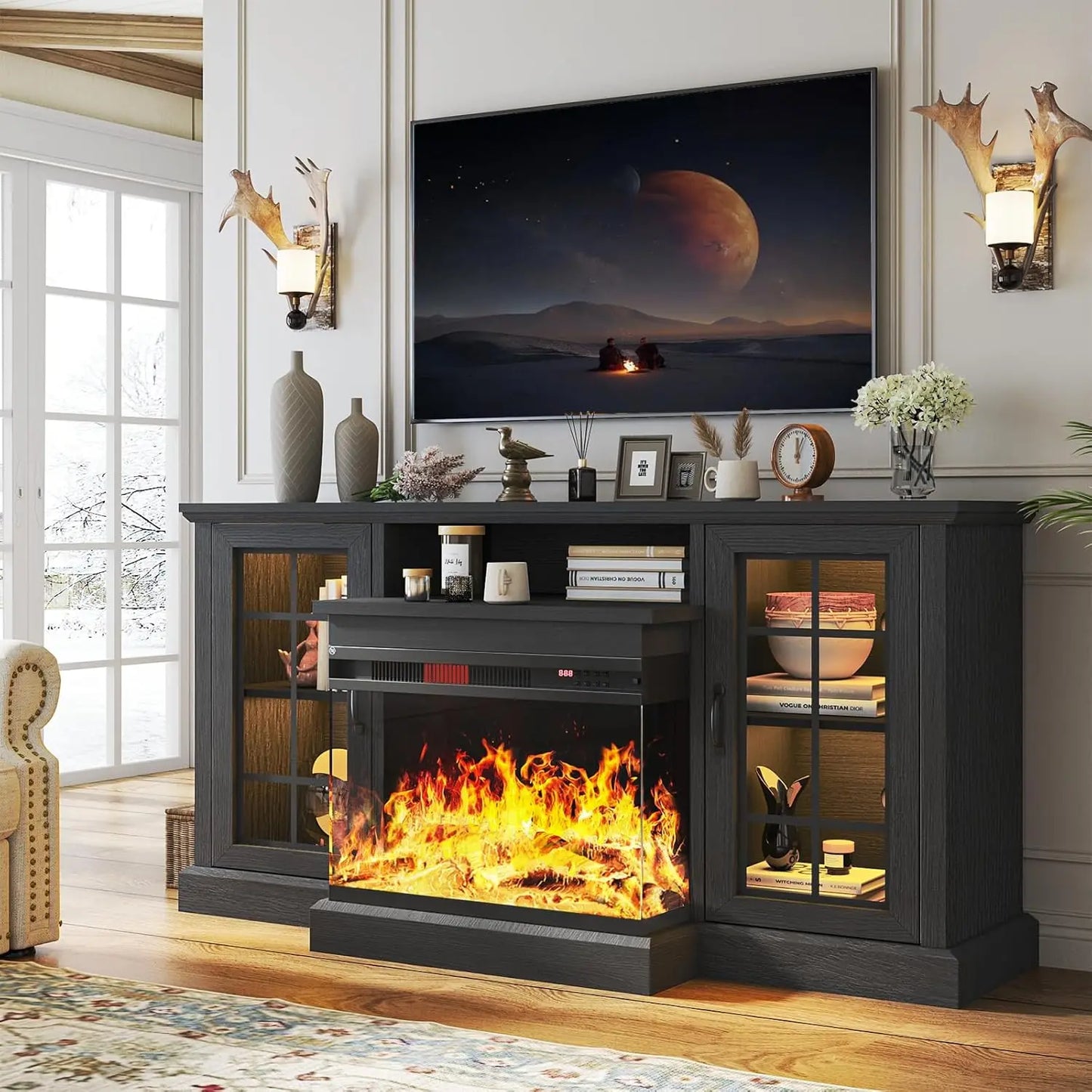Fireplace TV Stand With Glass Sides And LED Flame Effect