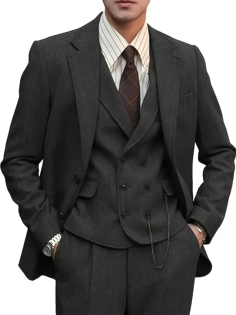 Solovedresscn Retro Tweed 3pc Suit Slim Fit Blazer Pants