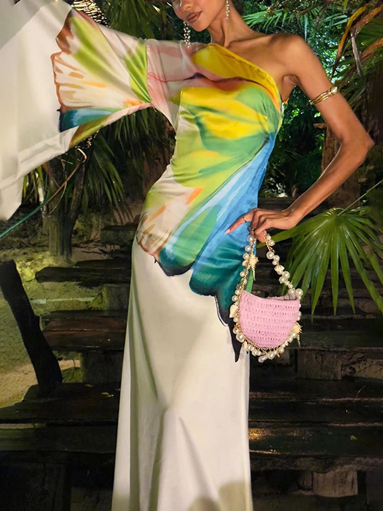 OSHOPLIVECN Floral One Shoulder Maxi Dress For Evening
