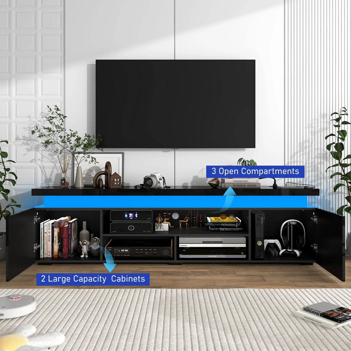 QiaoShiRen Modern LED TV Stand With Power Outlet Storage