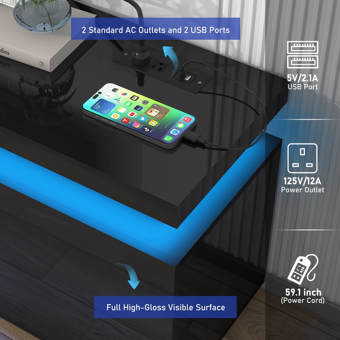 QiaoShiRen Modern LED TV Stand With Power Outlet Storage