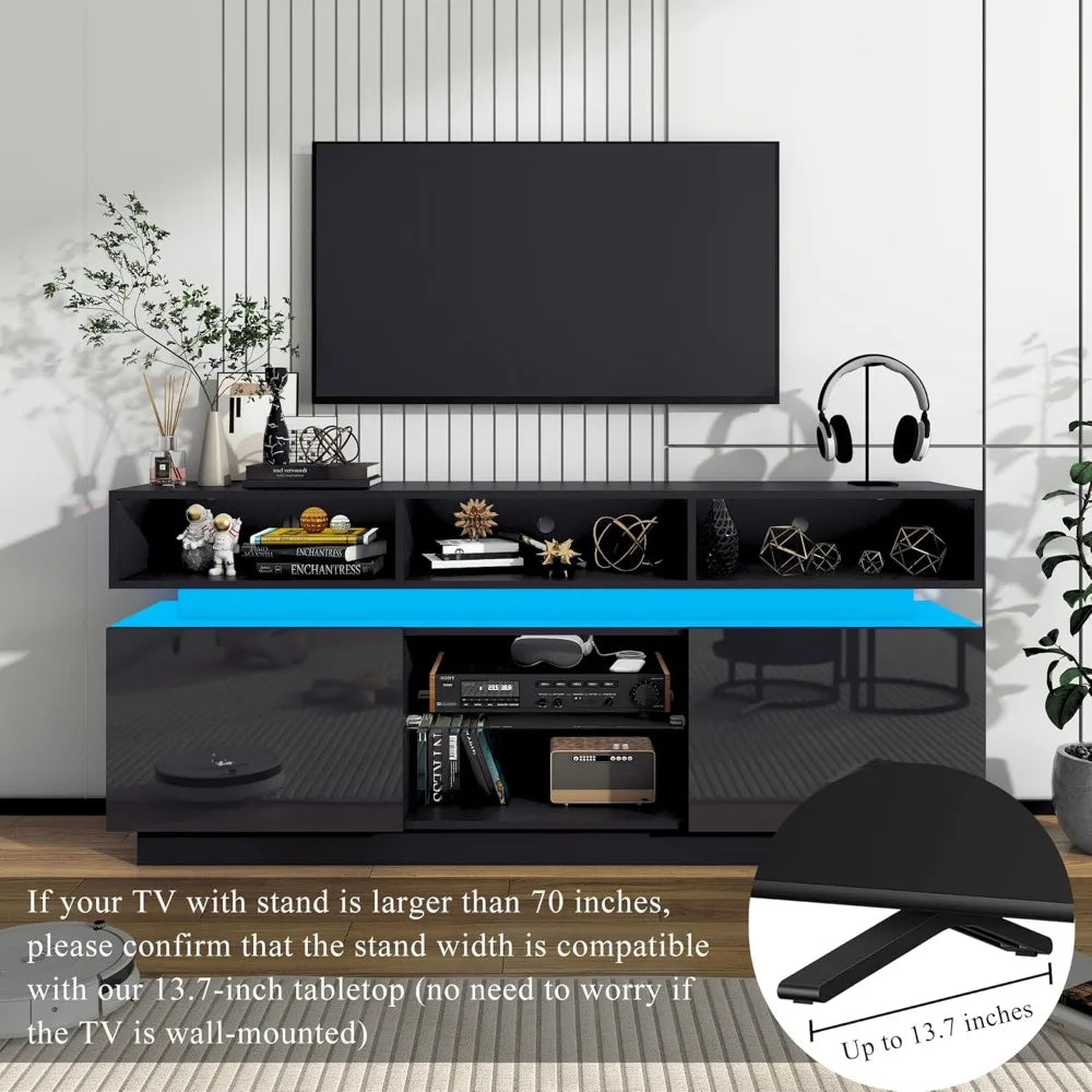 Modern Tall TV Stand With Glass Doors Storage Console