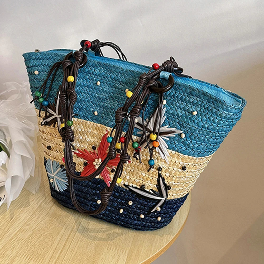 Starfish Beaded Bohemian Straw Tote Bag Women Seaside Party