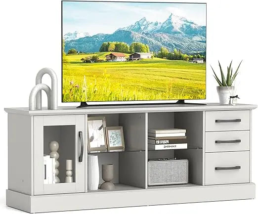 Feicheng Farmhouse TV Stand Wood Console With Glass Shelves