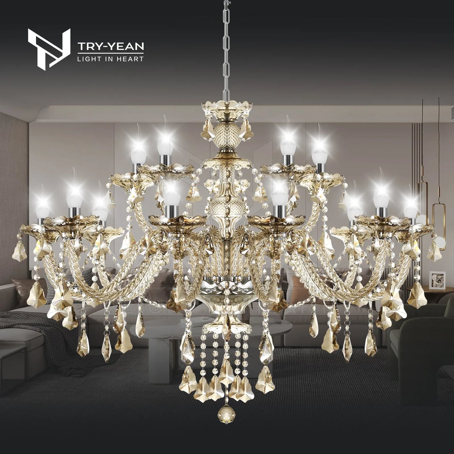 15 Arm Crystal Pendant Chandelier E14 Modern Living Room