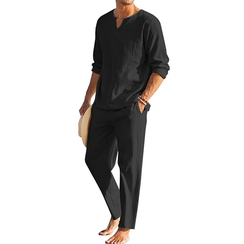 Cheervilla Mens Summer Cotton Linen Henley Shirt Lounge Set