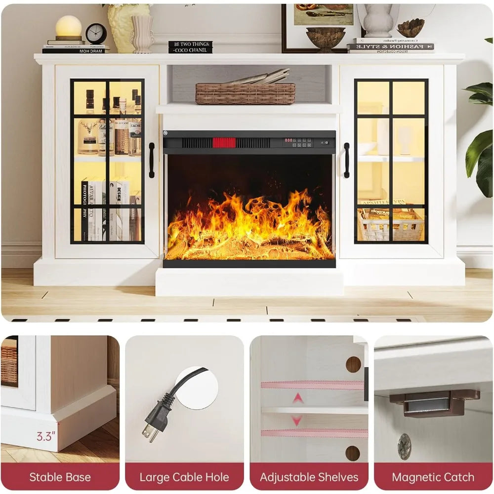Fireplace TV Stand With Glass Sides And LED Flame Effect