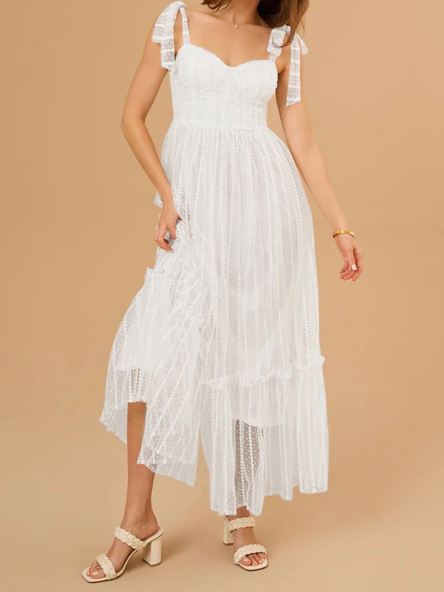 Velvet Floral Lace Sleeveless Dress V Neck Tie Up Straps