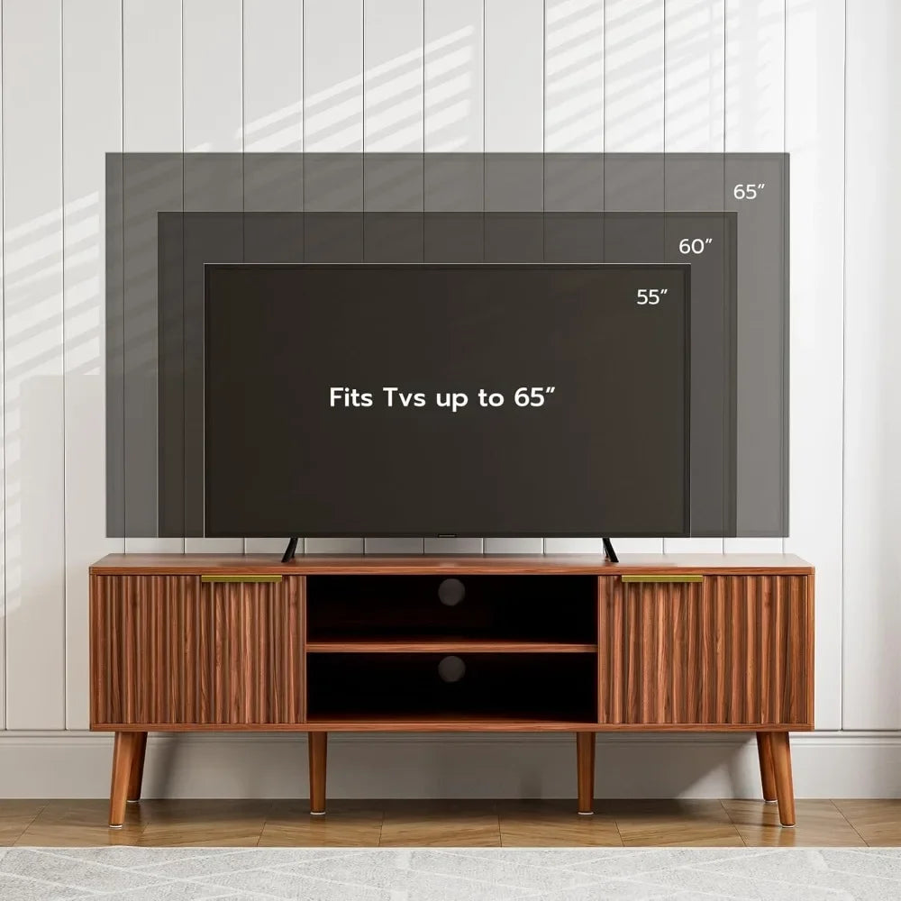 Mid Century Modern TV Stand With Fluted Doors And Shelves