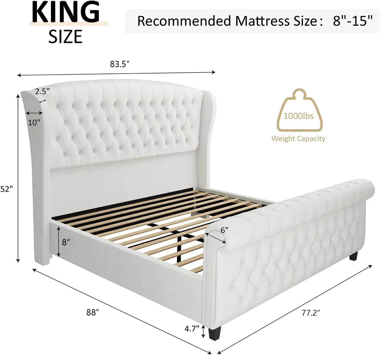XMSJ Chenille Sleigh Bed With Scroll Wingback Headboard