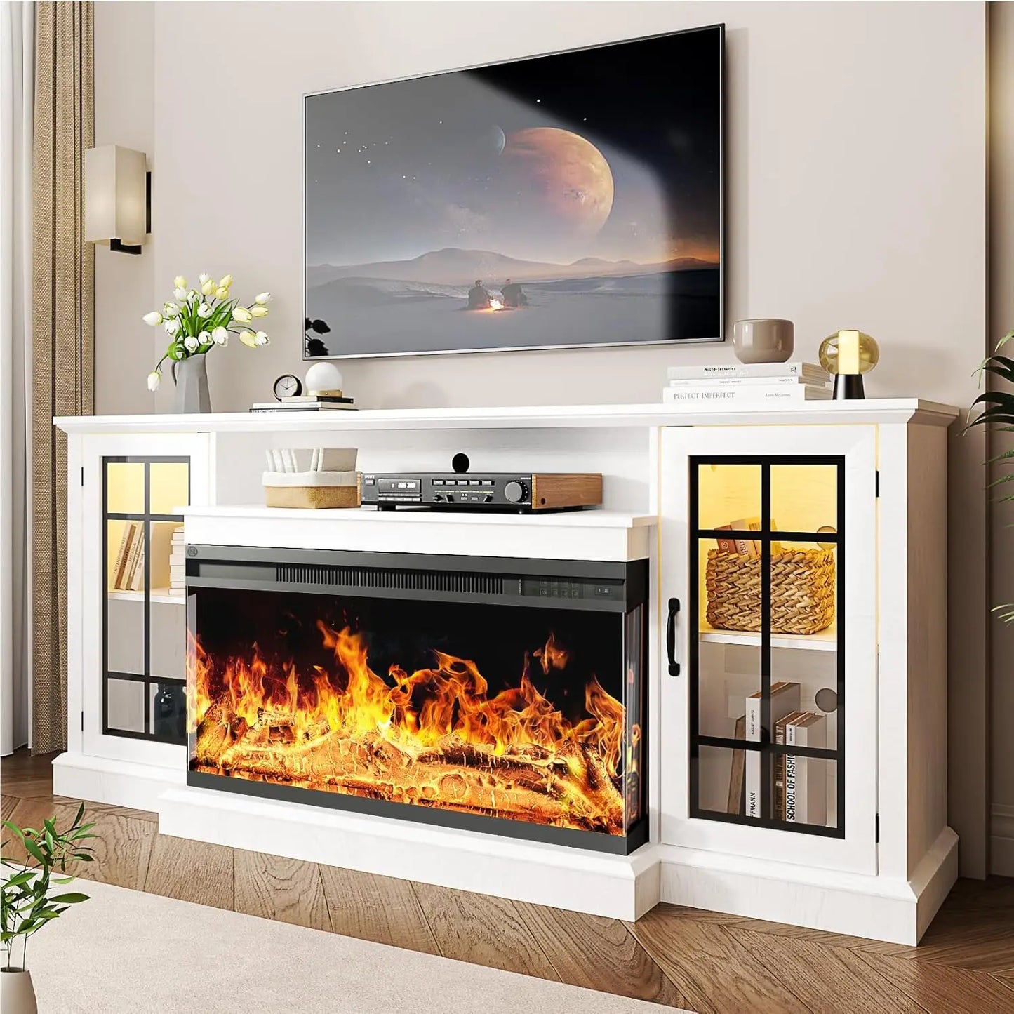 Fireplace TV Stand With Glass Sides And LED Flame Effect