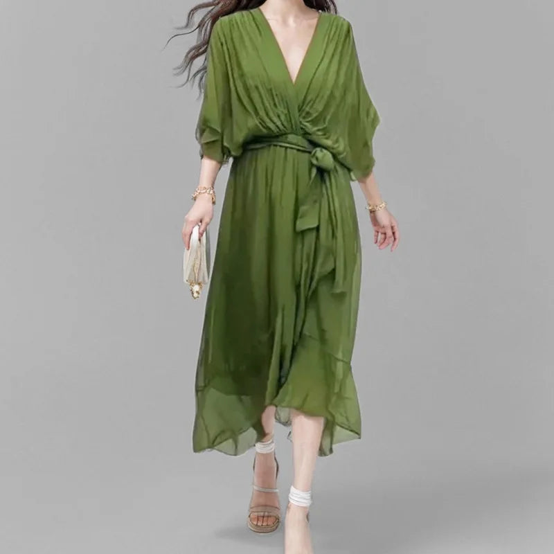 Lace Up Maxi Dress with V Neck Half Sleeve Women Casual