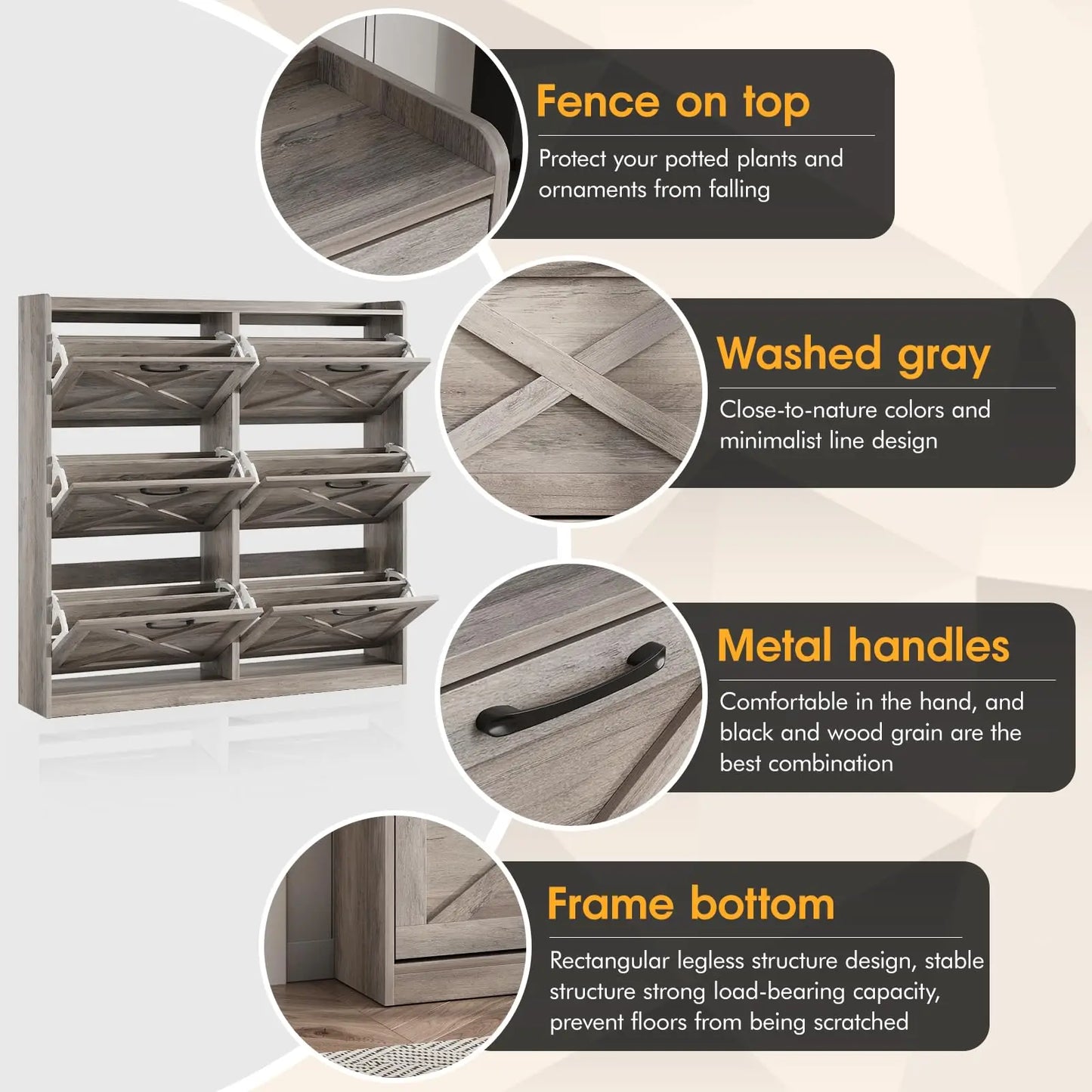 Vabches Shoe Cabinet With Flip Drawers And Metal Handles